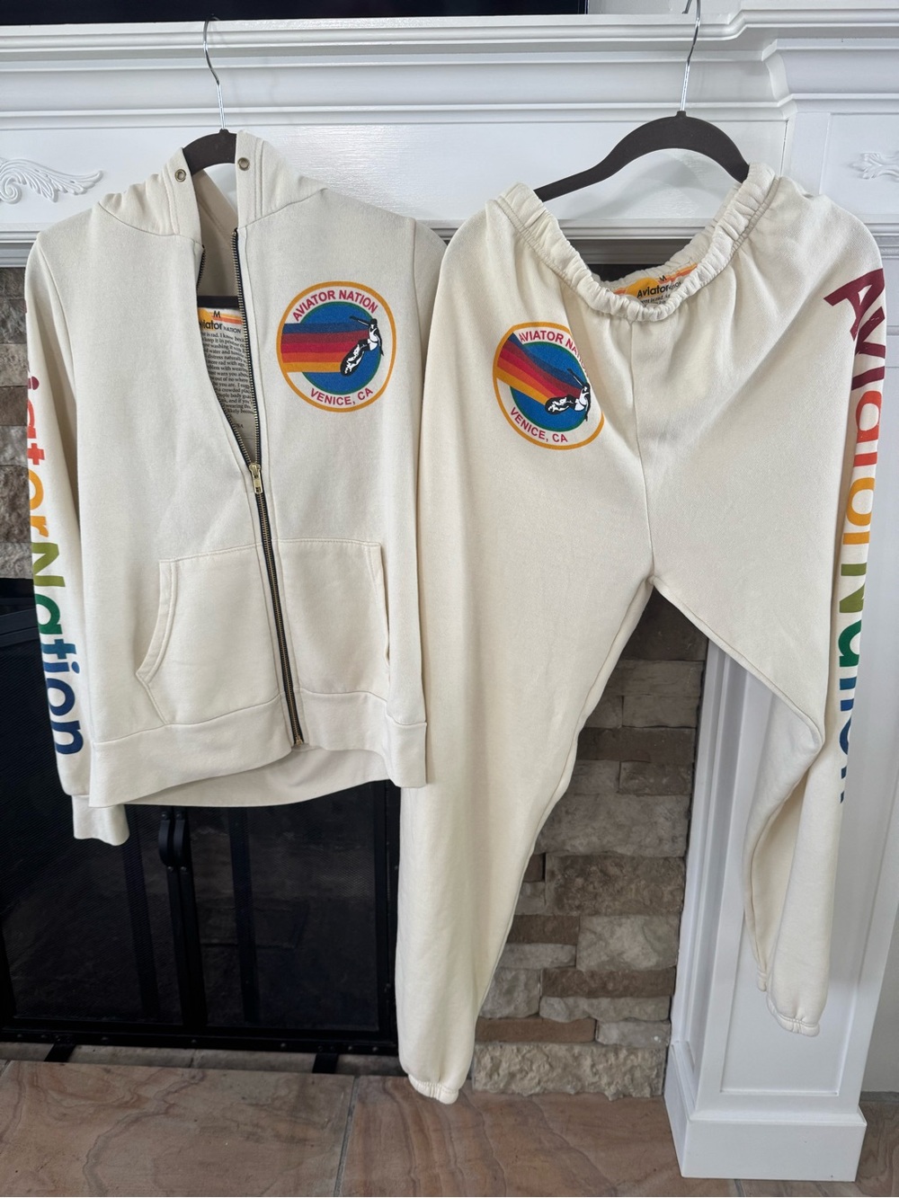 Aviator Nation Cream Zip Hoodie & Joggers with Rainbow Logo